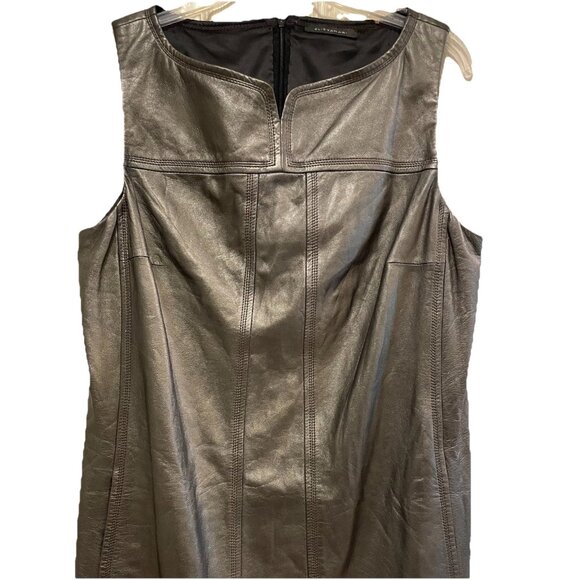 ELIE TAHARI Asphalt Black Pocket Leather Split Neck Back Zip Shift Dress Sz 6/8 - Picture 4 of 10